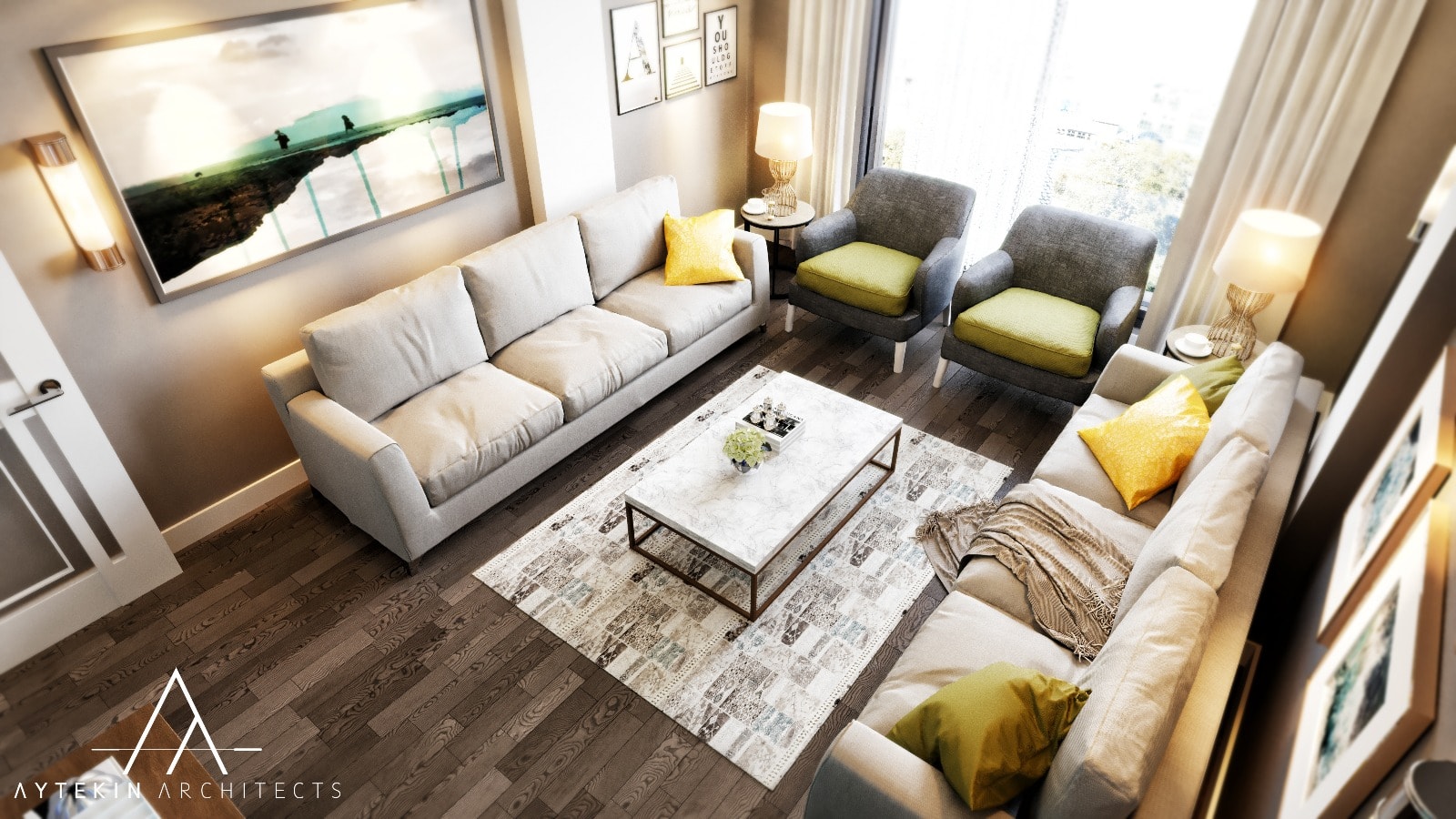 Altay Residence A Blok oturma odası sarı aksan